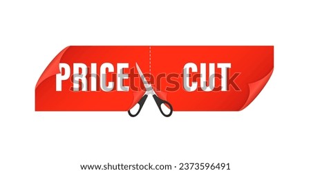Red banner price cut. Scissors cutting sticker price. Price cut reduction poster design with scissors and pricetage in half. Vector illustration