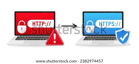 HTTP and HTTPS protocols, safe web surfing and data encryption. Http and https protocols on shield on laptop, on white background. Vector illustration