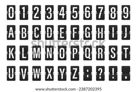 Airport flip board panel. Typography font display. Vector realistic terminal mechanical analog board. Flip clock numbers. Numbers in flip clock and countdown counter style. Vector illustration