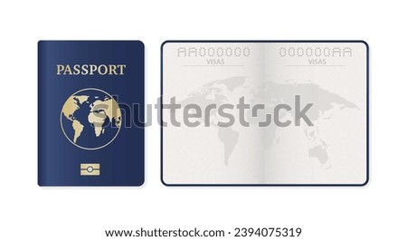 Passport cover with map. Passport pages. Realistic detailed 3d passport with open page, isolated on white background. International identity document. Front page design. Vector illustration