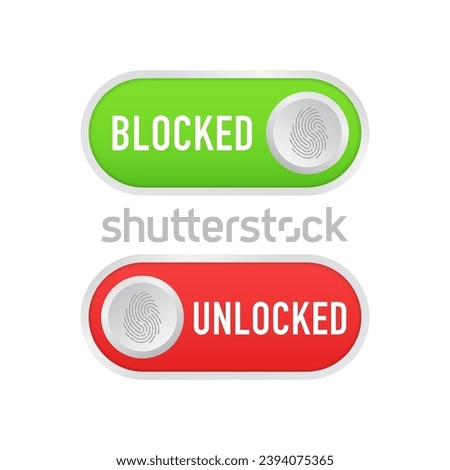Design sliders and buttons red and green with fingerprint. Templates for a website or application to enable or disable protection or blocking. Vector illustration