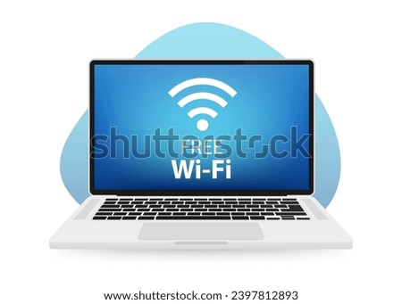 Free wifi zone icon on the laptop screen. Free wifi here sign concept. Wireless connection and sharing network on internet. Hotspot access point for digital and online coverage. Vector illustration