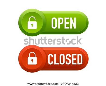 Locked and unlocked toggle. Switch on and off. Control slider. Red and green slider with round shape. Opened and closed symbol. Open and closed sign. Vector illustration