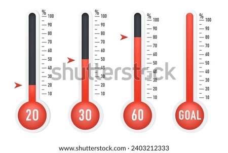 Goal thermometer icon set. Clipart image isolated on white background. Empty, half, full percentage thermometers. Vector illustration