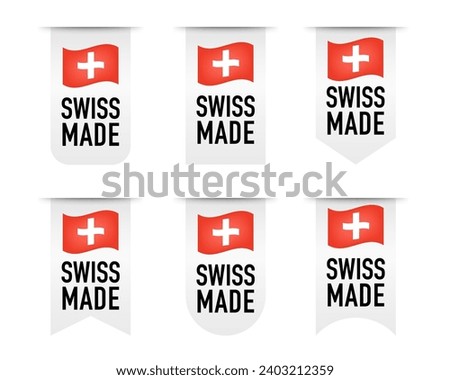 Guarantee label with a waving flag of Switzerland. Swiss made icon with Switzerland flag. Vector logo or premium quality warranty label for Swiss made product package design. Vector illustration