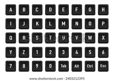 Modern key buttons for pc. Black keyboard, isolated on white background. Command set icons. Computer keyboard button set. Icons of control, alt, alphabet, numbers, escape. Vector illustration