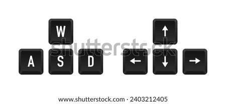 Arrow direction icon. Wasd symbol. Key left, right, up, and down signs. Computer button symbols. Direction w, a, s, d icons. Black color. Hotkeys combination. Vector illustration
