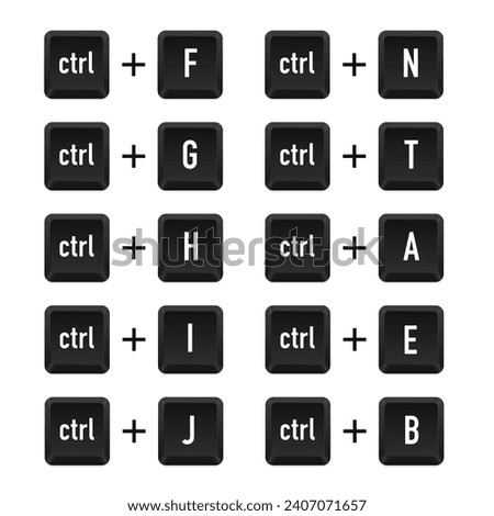 The hotkey combination is Ctrl + F, G, H, I, J, N, T, A, E, B sign. Find a character, Opens the Favorites panel. Keyboard keys. Computer button. Computer keyboard button set. Vector illustration