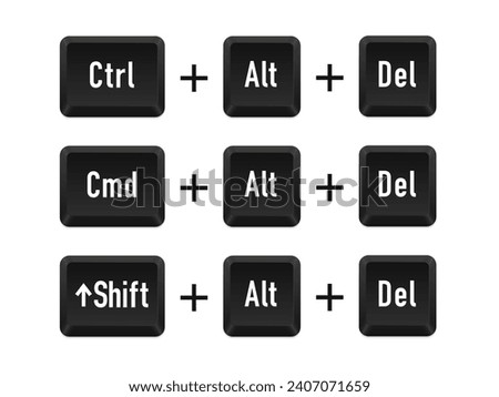 Ctrl alt del shortcut keys. Keyboard keys. Shift alt del. Computer button. Computer keyboard button set. Vector illustration