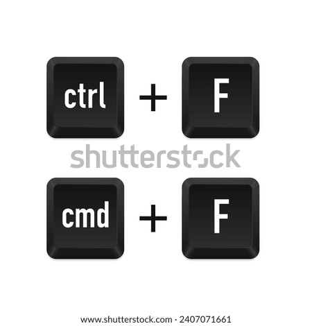 Ctrl F and Cmd F keyboard shortcut keys for find concept. Command set icons. Ctrl F icon in dark color and transparent. Computer keyboard button set. Vector illustration