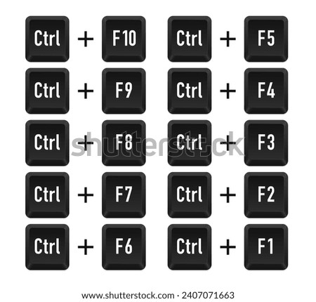 Ctrl and F10, F9, f8, F7, F6, F5, F4, F3, F2, F1 for switch between open program. Keyboard keys. Shift alt del. Computer button. Computer keyboard button set. Vector illustration