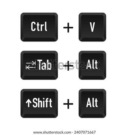 Tab and Alt, Ctrl and v, Shift and alt for switch between open program. Keyboard keys. Shift alt del. Computer button. Computer keyboard button set. Vector illustration