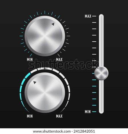 Music button technology, volume settings, volume control. Metal interface buttons collection for power volume playback control. Audio dashboard tumblers with stereo control scales. Vector illustration