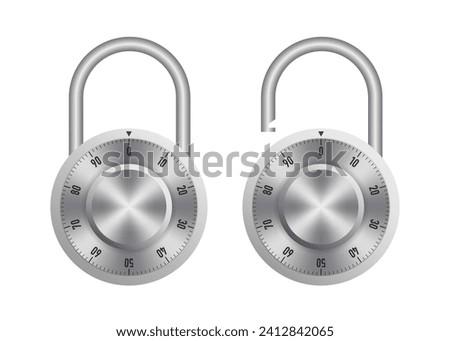 3d padlock. Realistic closed and opened chrome silver lock with mechanical combination. Template padlock for protection or privacy concept. Password. Security Concept. Vector illustration