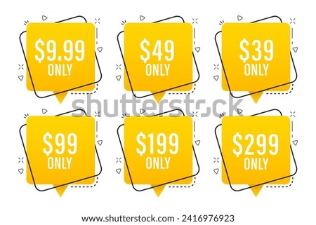 Different percent discount sticker discount price tag set. Sale badges, price sticker. Sale only at 9.99, 39, 49, 99, 199 and 299 Dollars and Cent best price. Concept discount. Vector illustration