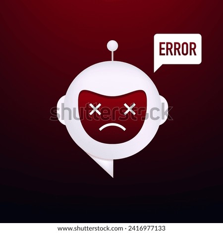 Chatbot error. Chat Bot neural network, Program failure, hacker attack. AI with virus or code mistakes. Robot assistant for customer support Of Website Or Mobile Applications. Vector illustration