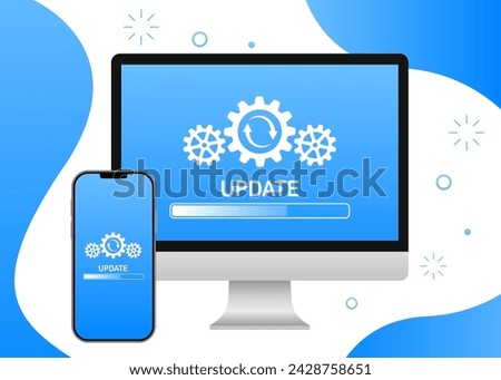 System Update Improvement Change new software version. Installation of update process, update program, installation of data network in on the computer and phone screen. Vector illustration