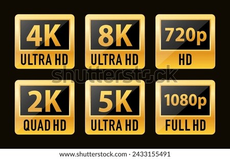 Ultra Hd icon collection. 8k Ultra Hd icon, 4k Ultra Hd, 2k quad, Logo 480p SD, 720p HD, 1080p, vector TV screen quality. Resolution icon. Video size resolution icon. Vector illustration