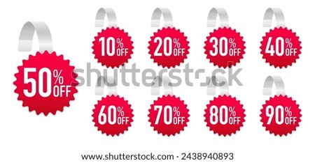 Advertising wobbler labels. Realistic wobblers for sale with discount sale and special offer price tag. Discount 10, 20, 30, 40, 50, 60, 70, 80, 90 percent sale label symbols. Vector illustration