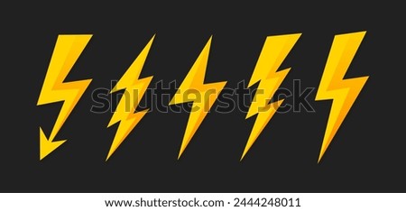 Yellow lightning bolt icons collection. Thunderbolt, lightning strike.Thunder and Bolt lighting flash icons set. Flat style on a dark background. Vector illustration