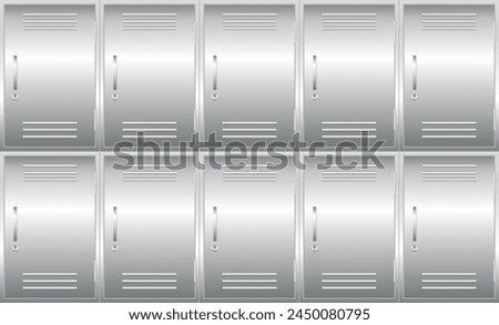 Metal locker storage cabinets for school, fitness club, gym, swimming pool realistic mockups. Wardrobe steel templates. Furniture store. Vector illustration