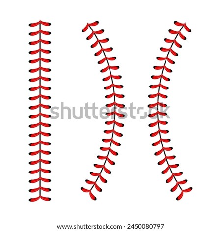 The red stitch or stitching of the baseball Isolated on white background. Sports Ball Red Laces Set. Vector illustration