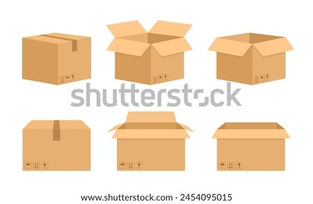 Collection of cardboard box mockups. Shipping carton open and closed box with breakable signs. Set closed and open cardboard boxes. Vector illustration