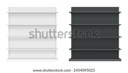 Black and white supermarket advertising blank mockup. Empty store shelf vectors. Retail rack shelf. Mockup template ready for your design. Isolated on white background. Vector illustration