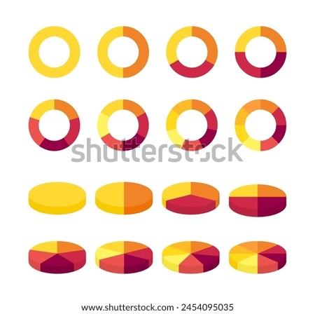 Pie charts diagrams. Set of different color circles isolated. Infographic element round shape. Collection of colorful diagrams with 1, 2, 3, 4, 5, 6, 7, 8 sections or steps. Vector illustration