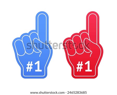 Foam fan finger hand with number one. Fan gloves with thumbs up, team support. Number one fan glove, sign of support for sports concept. Vector illustration