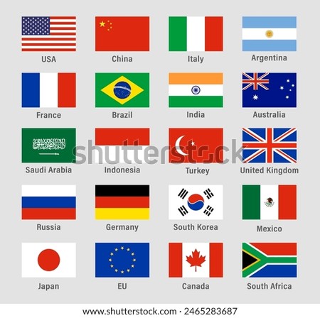 G20 Countries Flag set icon. G20 countries - major economies of the world. Official Group of Twenty flag labels. International financial summit forum meeting flags symbols. Vector illustration