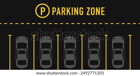 Parking zone with car symbols, yellow parking line. Free parking here poster in flat style. Parking diagram, urban travel, transportation backdrop. Vector illustration