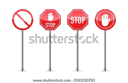 Stop Red Sign. Stop hand sign with text. Warning stop icons. Danger Sign Frame. Traffic signs on white background. Vector illustration