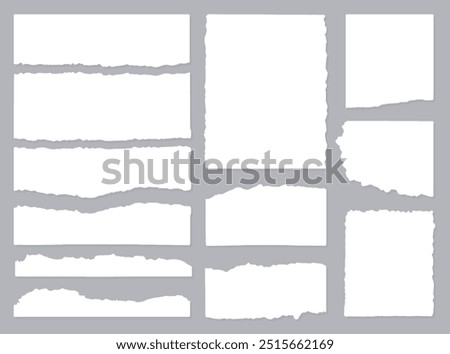 Realistic torn paper edges collection. White torn sheets of paper of sheet edge, note scrap or notebook pages. Ripped business banner. Vector ornament decoration. Vector illustration