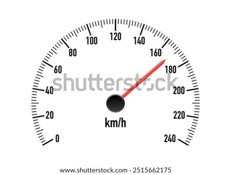 Realistic car speedometer with red speed level scale. Racing speed counter. Engine power concept template. Speed meter with red arrow and kilometers measuring scale. Vector illustration 