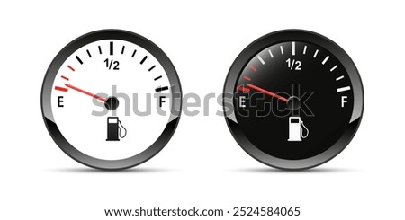 Round black car dashboard 3d device. Fuel Indicator, Gas Meter, Sensor. Car speedometer. Fuel gauge isolated on white background. Vector illustration