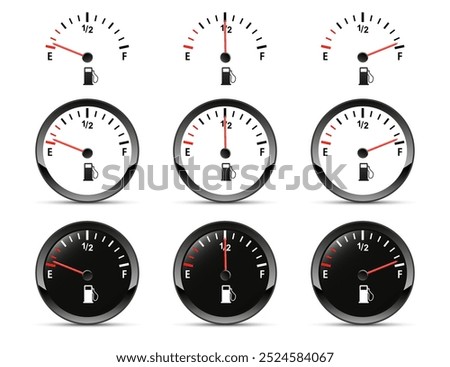 Round black car dashboard 3d device. Set of Fuel gauge. low middle and a full tank. Fuel Indicator, Gas Meter, Sensor. Car speedometer. Fuel gauge isolated on white background. Vector illustration