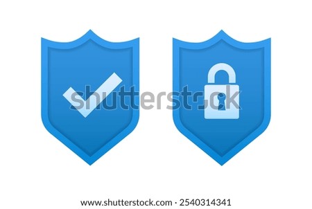 Security shield and shield check set. Protect shield icons. Cross and tick sign. Concept of privacy, good password, secure data protection, computer or phone access security. Vector illustration