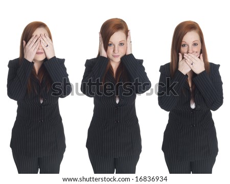 Isolated studio shots of a businesswoman in the See No Evil, Hear No Evil, Speak No Evil poses.