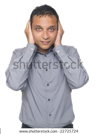 Isolated studio shot of a businessman in the Hear No Evil pose.