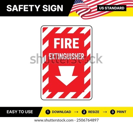 Safety sign. Fire extinguisher with arrow down. US standard.