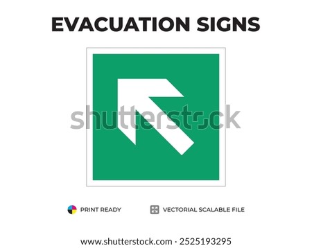 Emergency exit sign. Evacuation direction, up left. Universal symbol for safe evacuation used in public buildings. Safety signage vector with green background.