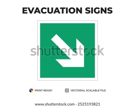 Emergency exit sign. Evacuation direction, down right. Universal symbol for safe evacuation used in public buildings. Safety signage vector with green background.