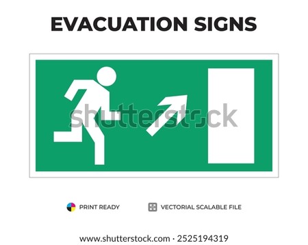 Emergency exit sign. Direction to the evacuation exit, up right. Universal symbol for safe evacuation used in public buildings safety signage vector green.