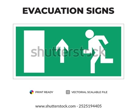 Emergency exit sign. Direction to the evacuation exit, up left. Universal symbol for safe evacuation used in public buildings safety signage vector green.