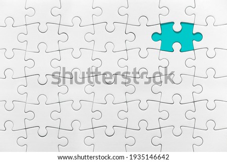 White jigsaw puzzle pattern missing piece White jigsaw puzzle pattern isolated front image top view to express alliance union team working solution success problem