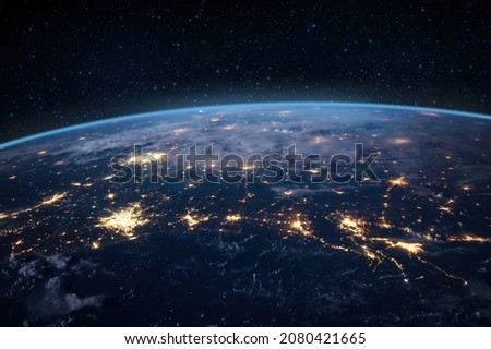Atmosphere of the Earth from space view of planet Earth. City lights. Elements of this image were furnished by NASA. Foto d'archivio © 