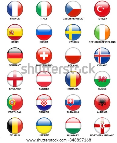 glossy round buttons or badges concerning flags of  European countries participating to the final tournament of Euro 2016 football championship isolated