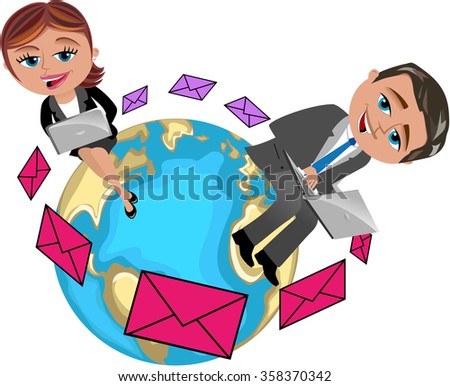 businesswoman and businessman working with laptop sitting on the world exchanging messages isolated