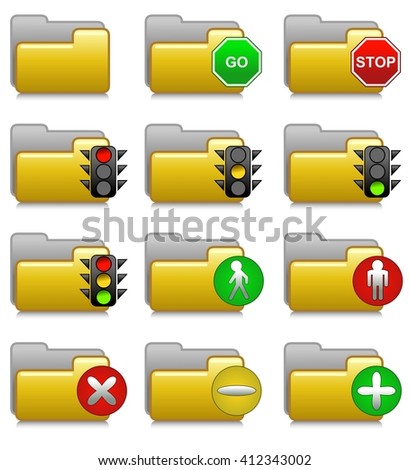 Set of management icons folders with stop and go symbols isolated